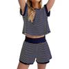 Women's Blue White Stripe Short Sleeve Crop Top and Shorts Set