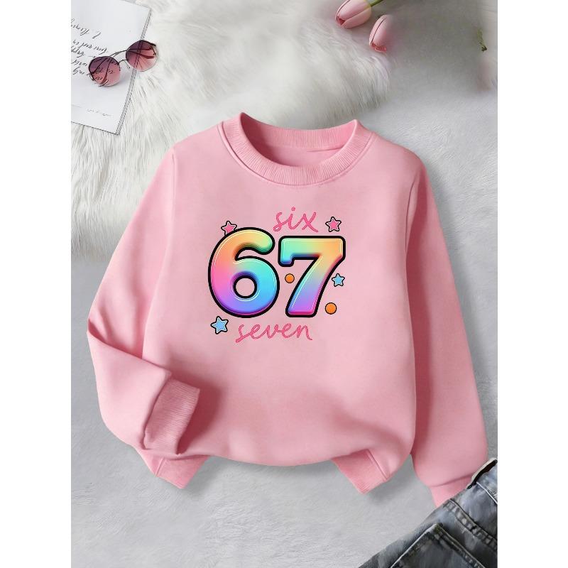 Birthday Kids Sweatshirt Over 4Y Unisex Boys Girls Rainbow Gradient 67 SIX SEVEN Star Graphic Red Crewneck Soft Fleece Pullover For 4-12 Children