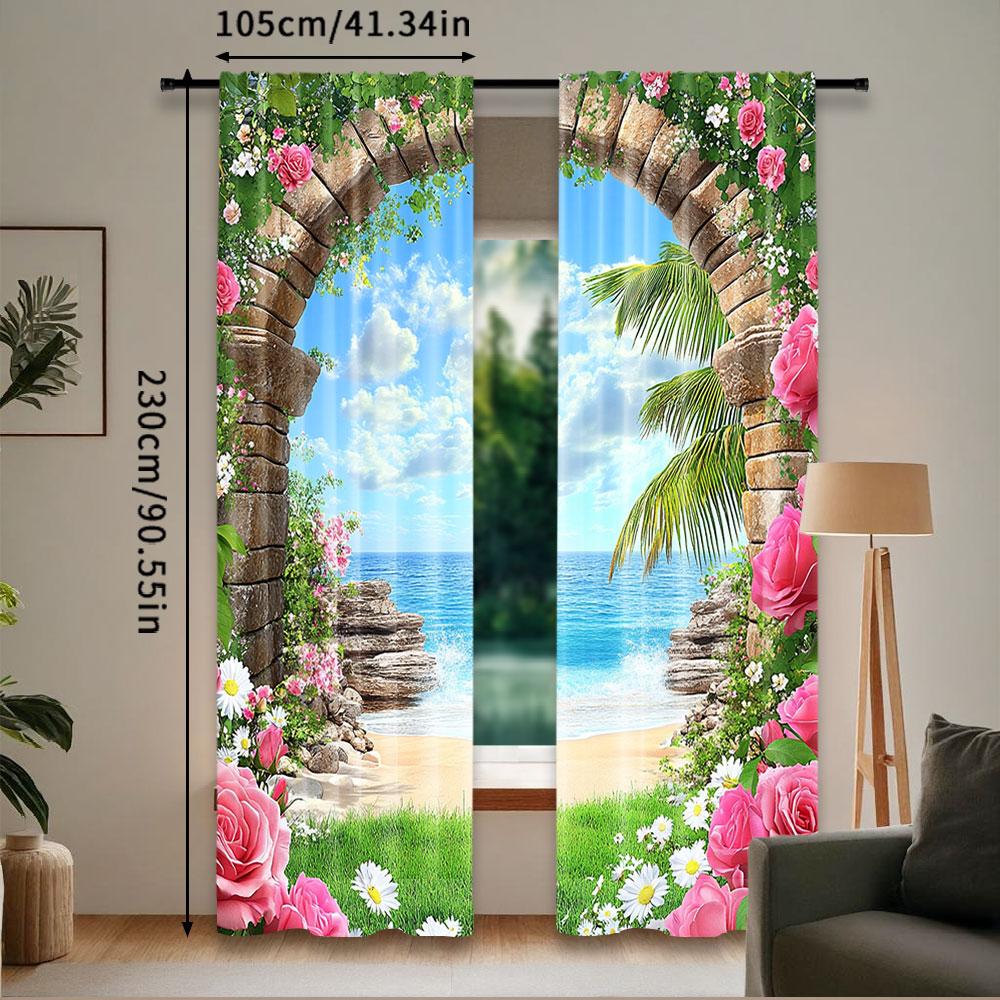 Set Of 2 View Blue Sky Beach Curtains Flowers Stone Arch Scenery Apply Living Room Bedroom Hotel Store Curtain For Great Made Polyester