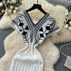 Summer Women Vintage Print V-neck Knitted Sweater Long Maxi Sheath Pullover Dresses