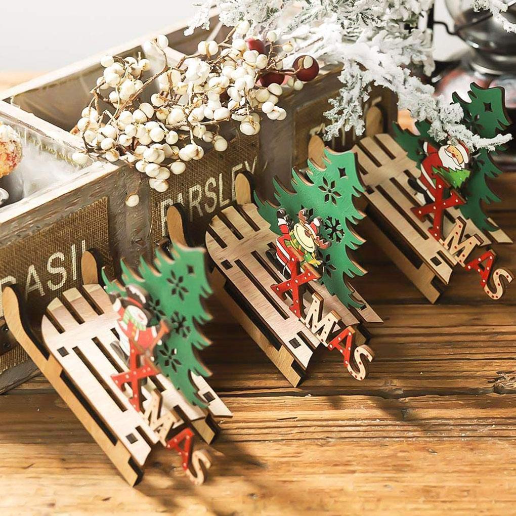 Christmas Assembled Ornament DIY Handmade Sleigh Wooden Craft Xmas Table Decoration Small Snowman