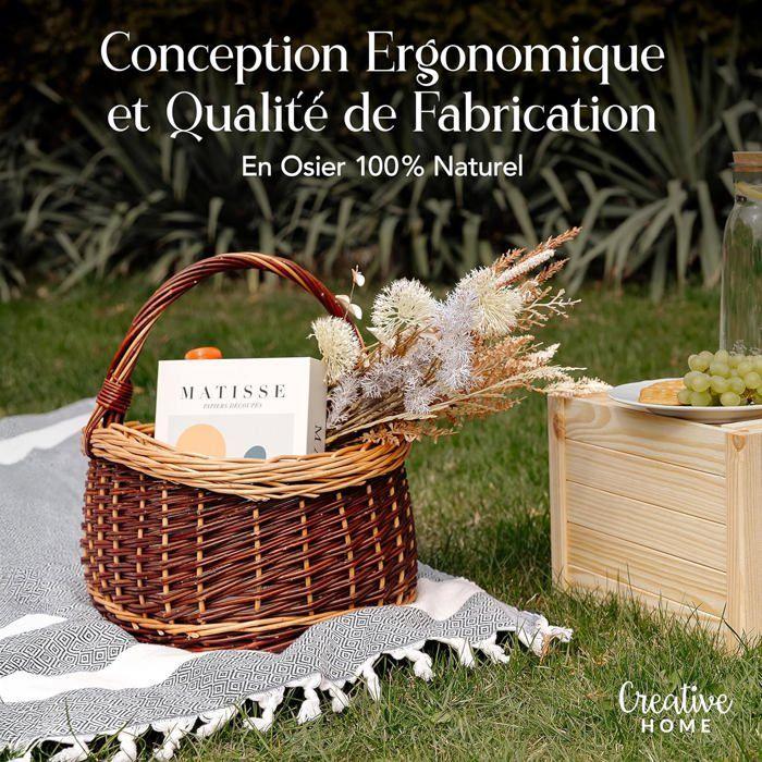 Panier - CREATIVE HOME - Bicolore Champignons - Osier naturel tressé main - Ficelles amovibles lavables - 43x33x40 cm