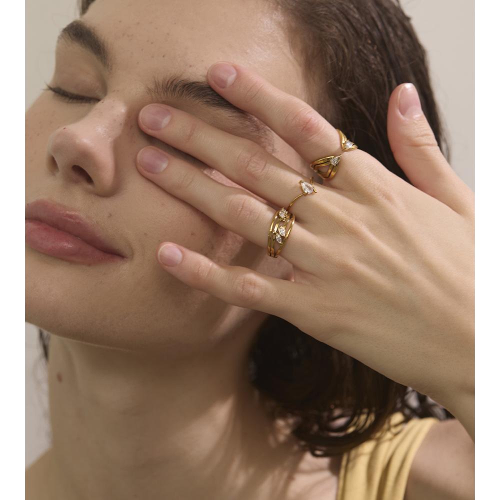 Yhpup Size:678 Delicate Stainless Steel Zirconia Layered Hollow Geometric Golden Ring Rust Proof Arrivals Jewelry Recommend
