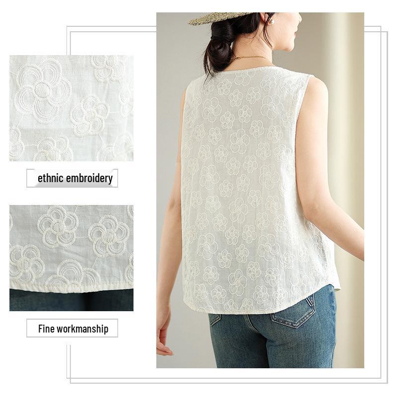 Women's Beige Embroidered Cotton Sleeveless Vest - New Chinese Style