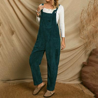 Solid Corduroy Overall Jumpsuit, Casual Patched Pockets Overall Jumpsuit For Spring & Fall, Women's Clothing