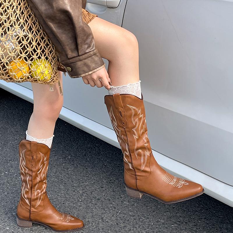 Fashion Autumn Winter Vintage Women Western Cowboy Boots Fashion Slip On Thick Heel Shoes Embroidery Knight Botas