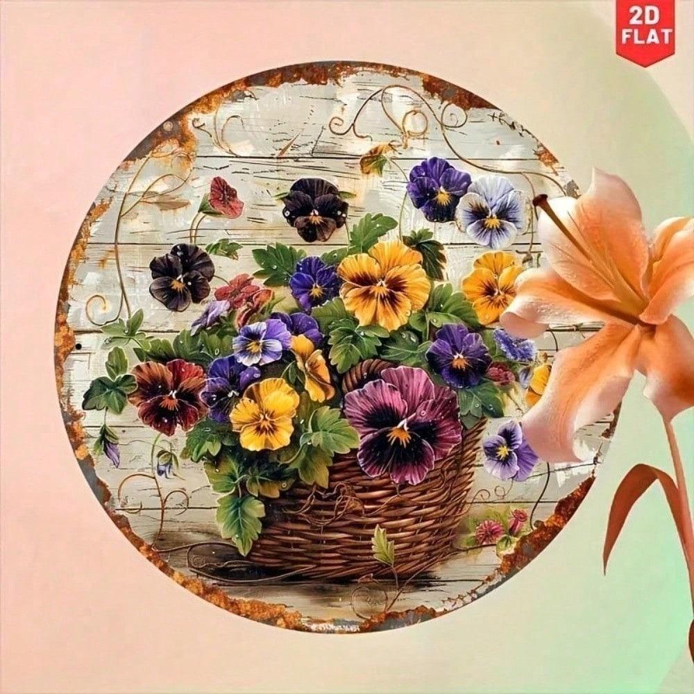 Vintage Tin Sign Round Floral Wall Art 8 Inch Metal Pansy Botanical Decor For Kitchen Garden Living Room Home