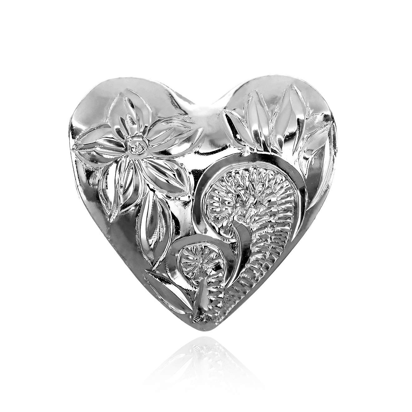 

Leilani Hawaiian Jewelry Heart Reversible Plumeria & Scroll (Wave) Carved Pendant Necklace in Sterling Silver (925) (Chain Not Included)