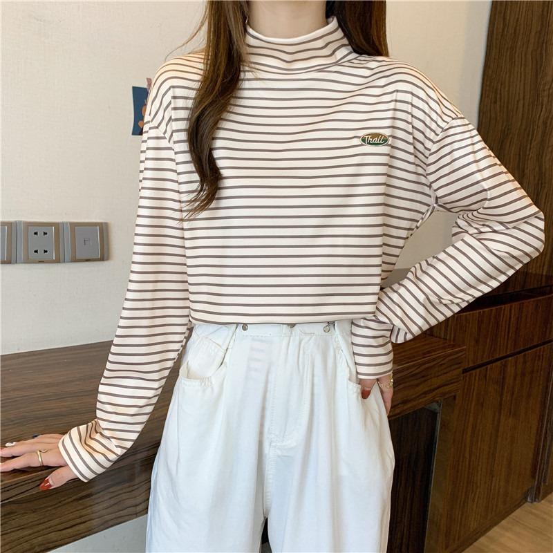 

Real shot h turtleneck bottoming shirt women s autumn and winter velvet inner versatile loose striped long sleeves XL абрикосовый