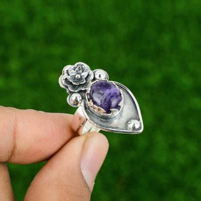 925 Silver Natural Chevron Amethyst Stackable Flower Adjustable Ring