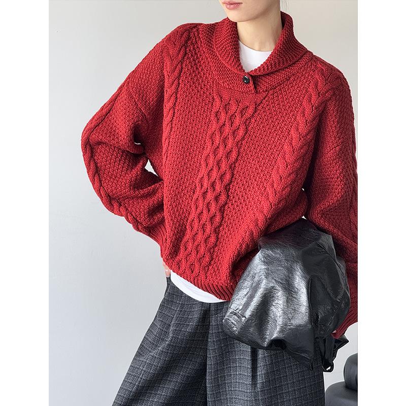 Tachibana Korean version sweater temperament fashionable lapel thickened knitted sweater versatile top retro loose long sleeves 1911