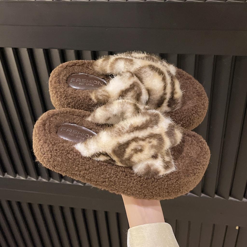 2026 Thick Soled Cross Hairy Slippers for Autumn and Winter Outerwear Casual Cotton Boots Hairy Shoes for Women