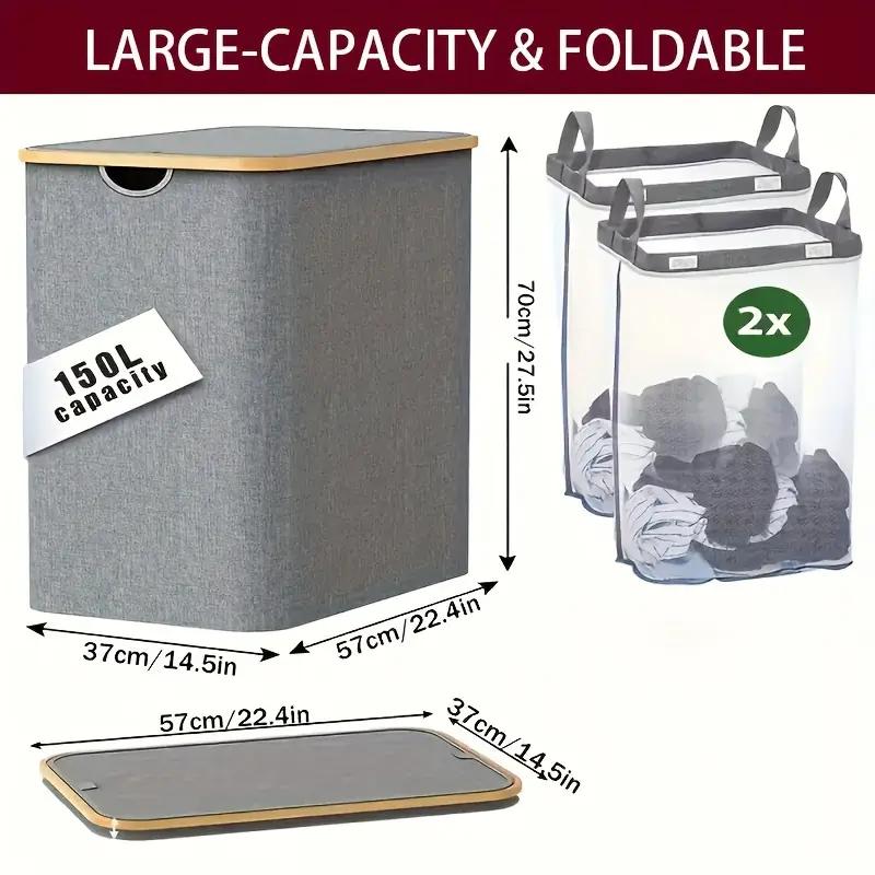 For 1pc 150L Laundry Hamper with Lid, 2 Compartments, Large Laundry Collector, Storage Bottle Collection Container, Double Laund