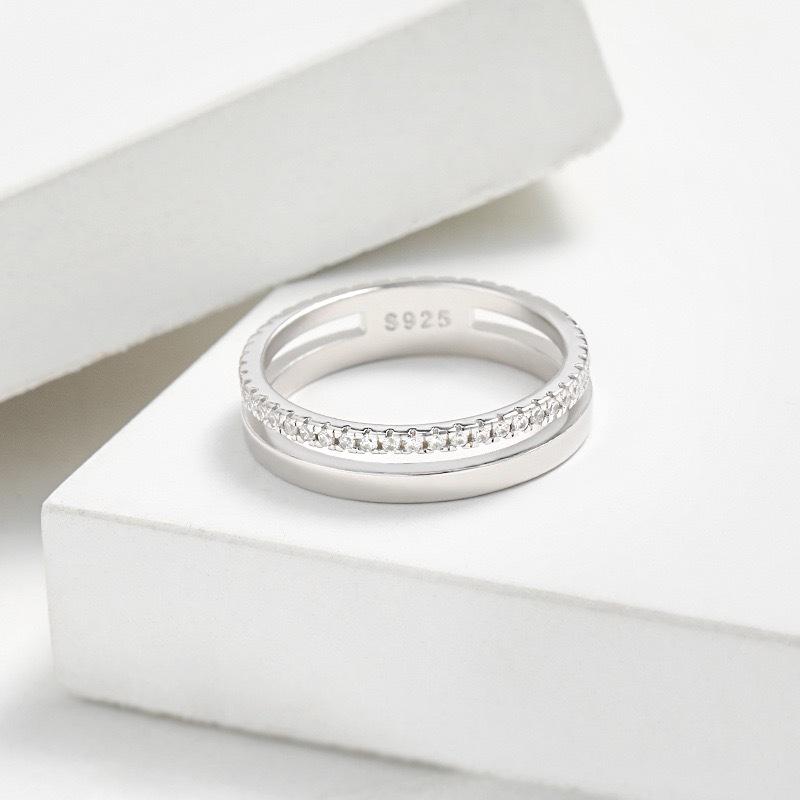S925 Sterling Silver Women's Diamond Inlaid Double Layer Hollow Round Ring – European & American Fashion Style
