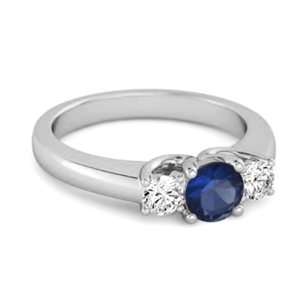 Blue Sapphire Round Three Stone Ring - 925  Sterling Silver