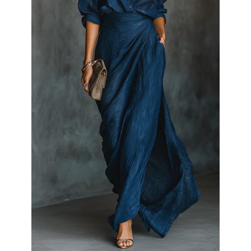 European and American women s clothing autumn elegant temperament sexy solid color irregular pleated belt dress S