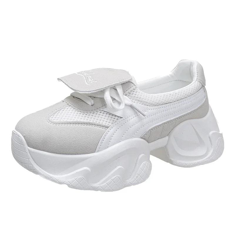 NEW Mid Heel Pumps Women's Mesh Shoes Comfy High Brand Genuine Leather Summer Lace Up Chunky Sneaker Casual Shoes