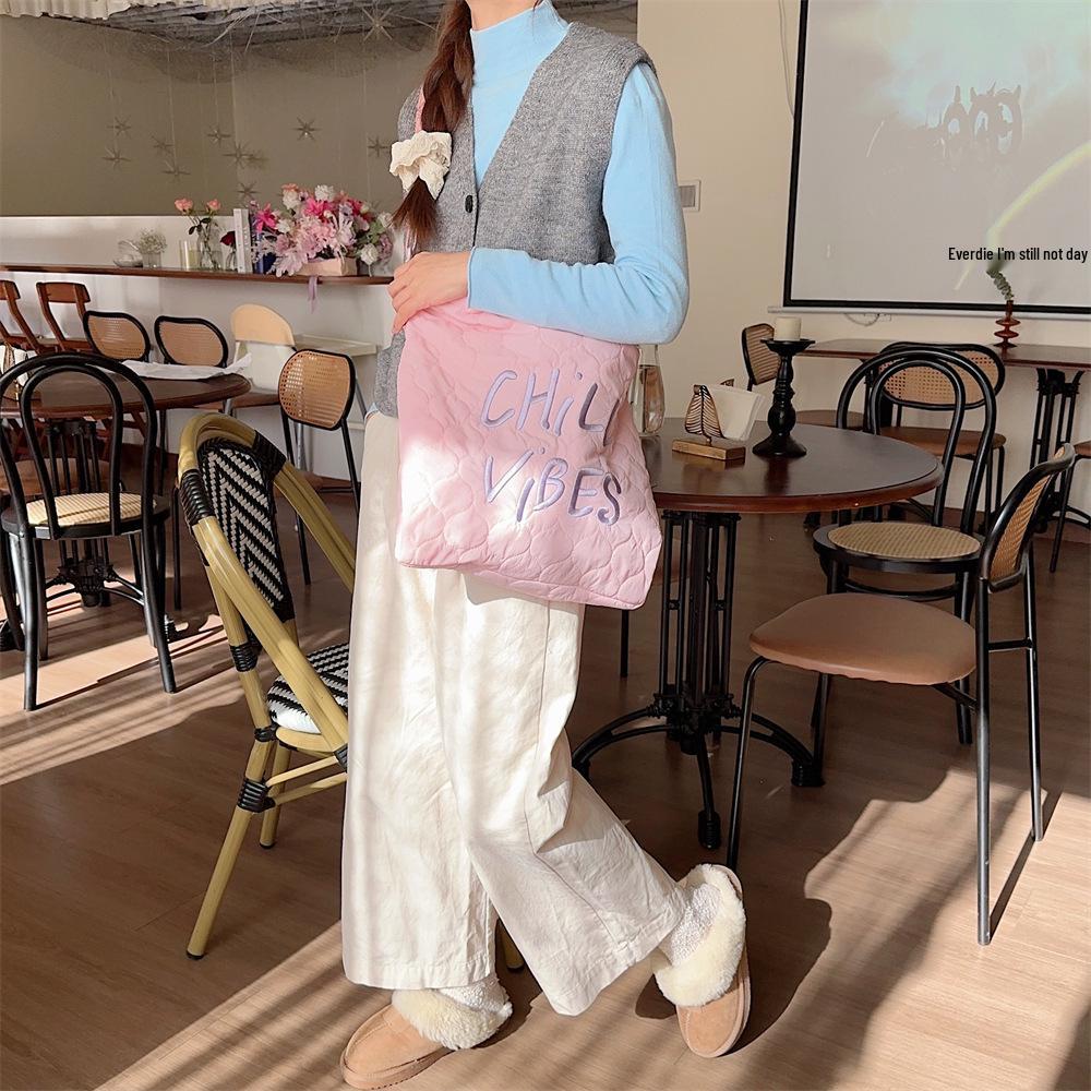 Autumn/Winter Quilted Canvas Tote & Crossbody Bag with Korean Style Embroidered Lettering