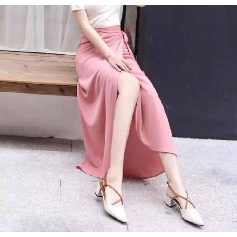 Summer Design One Piece Skitts Women High Waist Elegant Lace Up Chiffon Skirt Solid Color Thin Mid Length A-line Fallas