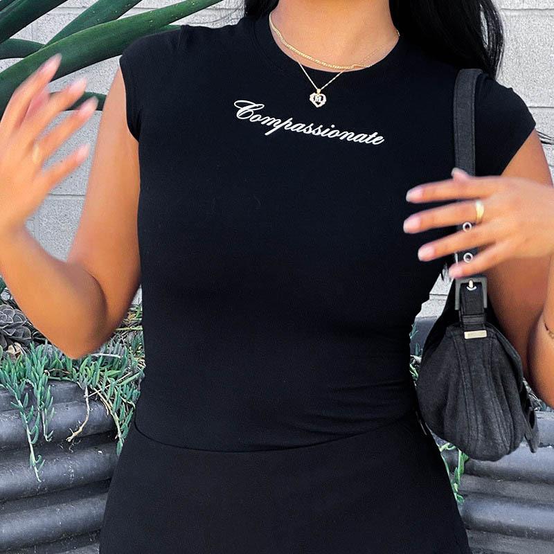 Crop Top Letter Printed Black T-shirt Short-sleeved Pattern T-shirt