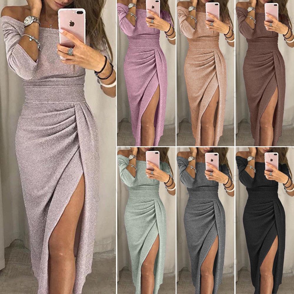 Elegant Women's Off Shoulder Long Sleeve Bodycon Evening Cocktail Party Dress