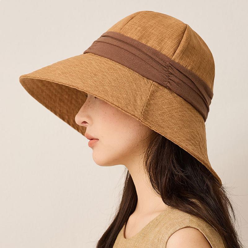 Cotton Linen Lightweight Breathable Fisherman Hat Women's Summer Color-Matching Pleated Sunshade Hat