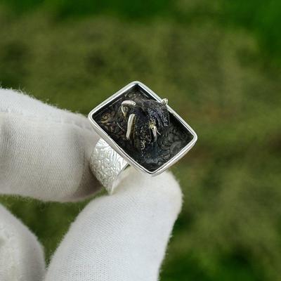 Natural Moldavite Quartz Gemstone Statement Adjustable Ring 925 Sterling Silver