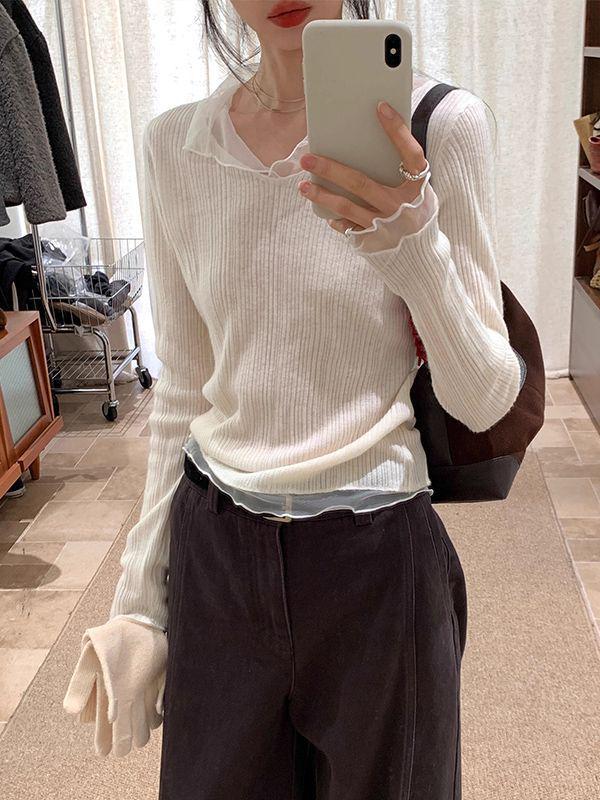 Korean Style White Mesh V-Neck Patchwork Long Sleeve Slim Top for Women - Autumn/Winter