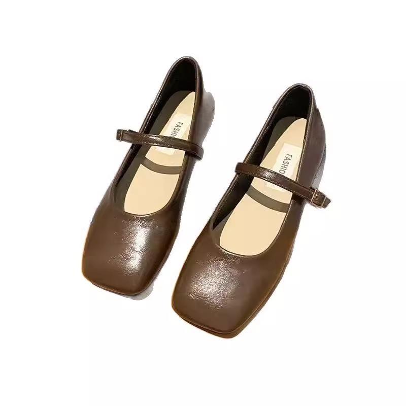 Square head shallow mouth single shoes women's new with skirt gentle shoes soft flat Mary Jane small leather shoes