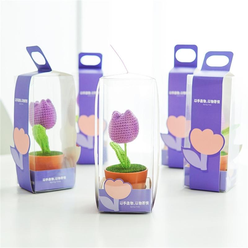 Artificial Knitted Tulips Flower Potted Hand Woven Crochet Flower Tulips Plant Desktop Ornament Home Decorations