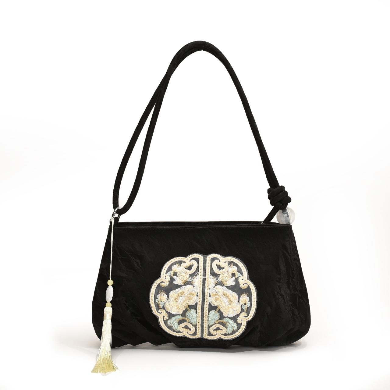 

Вышитая сумка, женская новая в китайском стиле, нишевая женская сумка, сумка на одно плечо подмышкой, сумка в старинном стиле Ханьфу Регулируемый плечевой ремень 29*2*19 чёрный