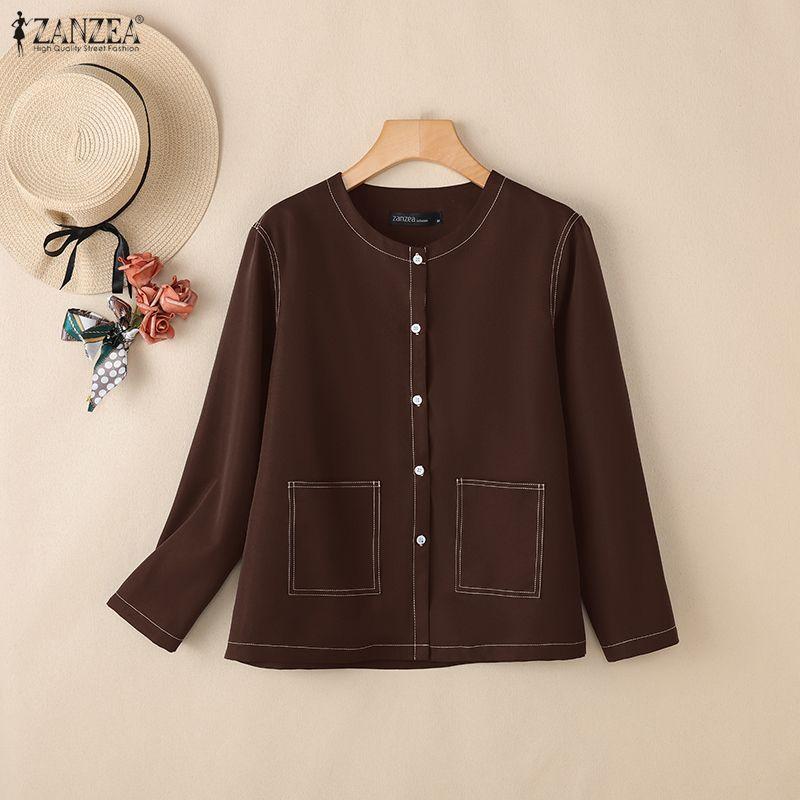 ZANZEA Women Casual Round Neck Solid Color Loose Long Sleeve Blouse