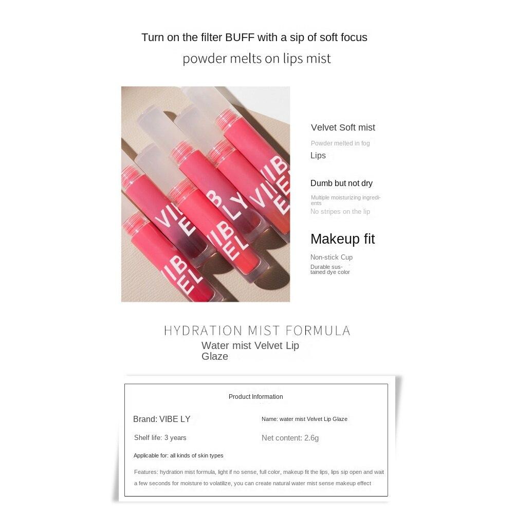 VIBELY Velvet Water Mist Lip Glaze Ist Ein Feuchtigkeitsspendender, Wasserfester Und Langanhaltender Lippenstift, Der Nicht Leicht Abfärbt.