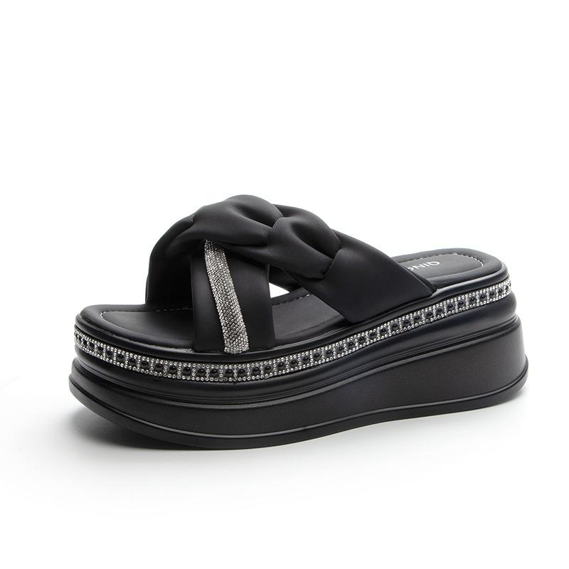 Slippers Wear New Thick-soled Rhinestones Cross-strap Sandals Women's Muffin Summer Beach Shoes