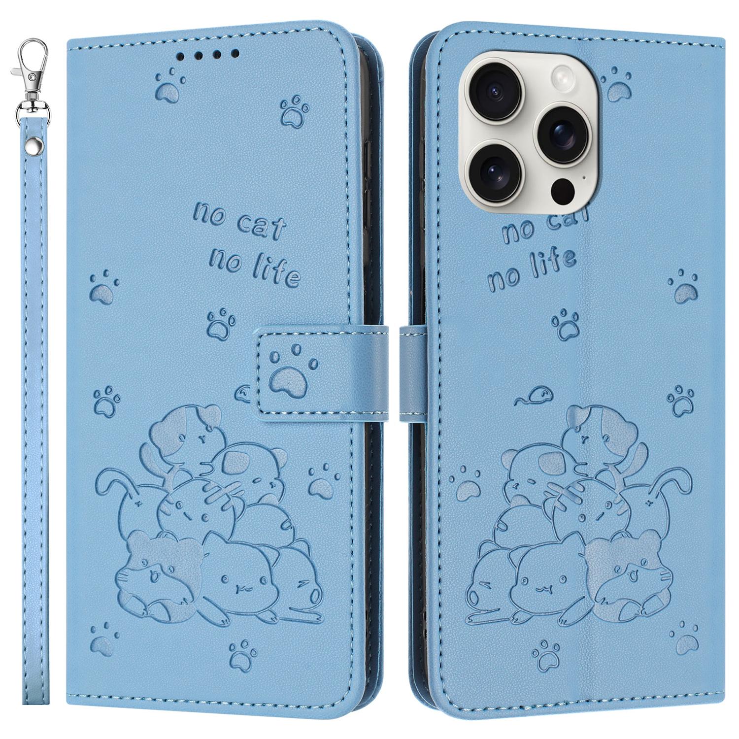

For iPhone 16 Pro Max Case with Strap Cats Imprint Leather Wallet Phone Cover F