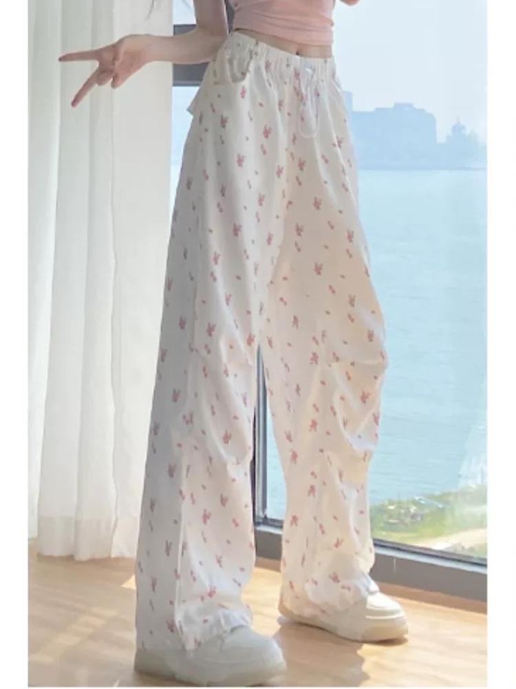 Weiße, geblümte, lockere Yamamoto-Hose für Damen, Sommer, dünne, hohe Taille, gerade, Freizeithose, Joker, schlanke Sporthose mit weitem Bein, Streetwear