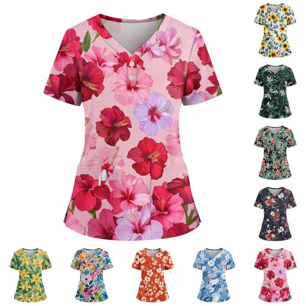 Women's Loose Short Sleeved Fashionable Flowers And Plants Printing V-neck Buttonable Side Slit Top T-shirt