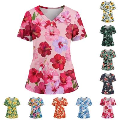 Damen Locker Kurzärmelig Modisch Blumen- und Pflanzen-Druck V-Ausschnitt Mit Knöpfen Seitenschlitz Top T-Shirt