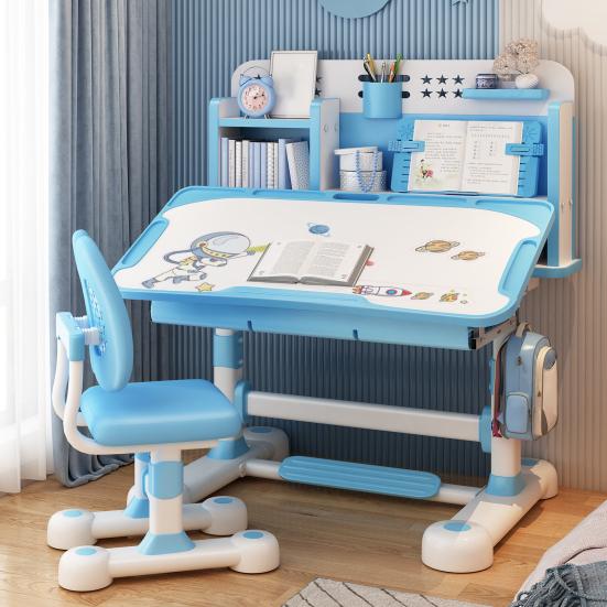 Learning Desk Chair Set 2Pcs/Set Kids Study Set, Height Adjustable Children School Table with Sitting Corrector, Ergonomic Book Stand, Foot