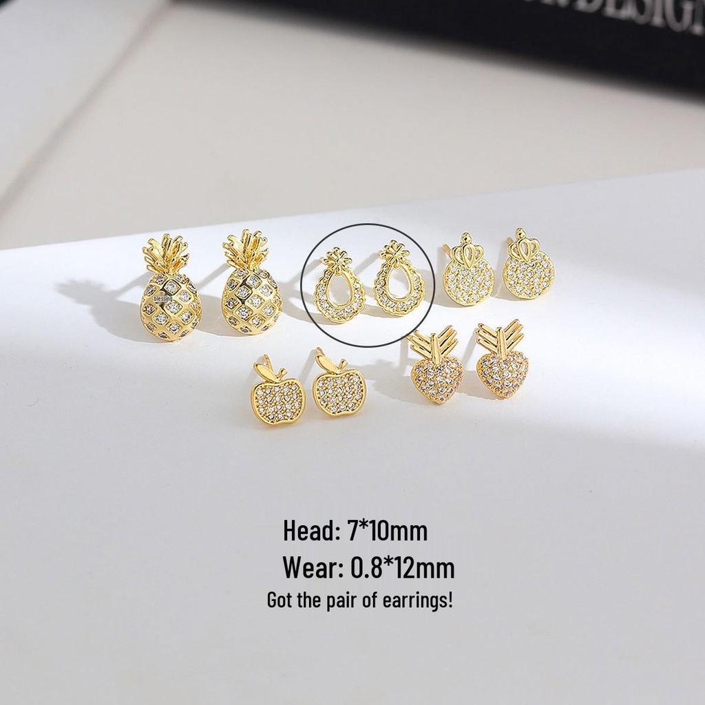 High-Grade Copper & Gold Plated Earrings: Diamond-Studded Apple, Pineapple, Crown, Pear Designs for Women