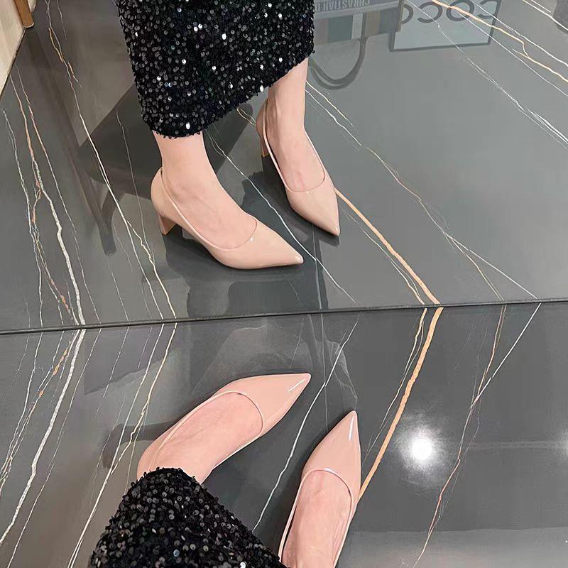 Fashion Autumn New Coarse Heel Shoes Women's Fashion Pointy Shallow Mouth Non-slip and Wear-resistant Slip-on High Heels