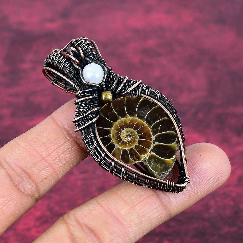 Ammonite Fossil Pendant Copper Wire Wrapped Moonstone Pendant Gemstone Jewelry