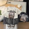 Summer Boys' Short Sleeved Set 0-5 Year Old Children's Round Neck Letter Printed T-shirt+casual Denim Shorts Two-piece Set