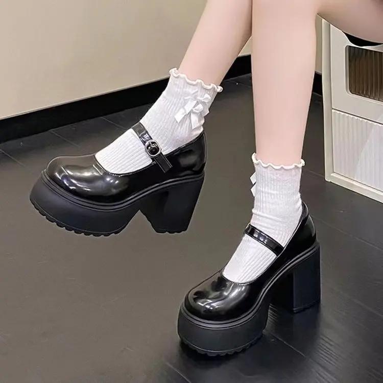 New Fashion Coarse Heel One Piece Buckle Leather Shoes  Thick Bottom Retro Mary Jane High Heels