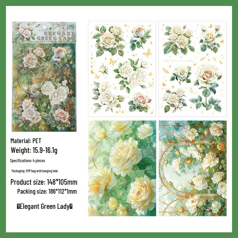 Yuezhen Rose Die-Cut Waterproof PET Journal Stickers - Creative Floral Designs