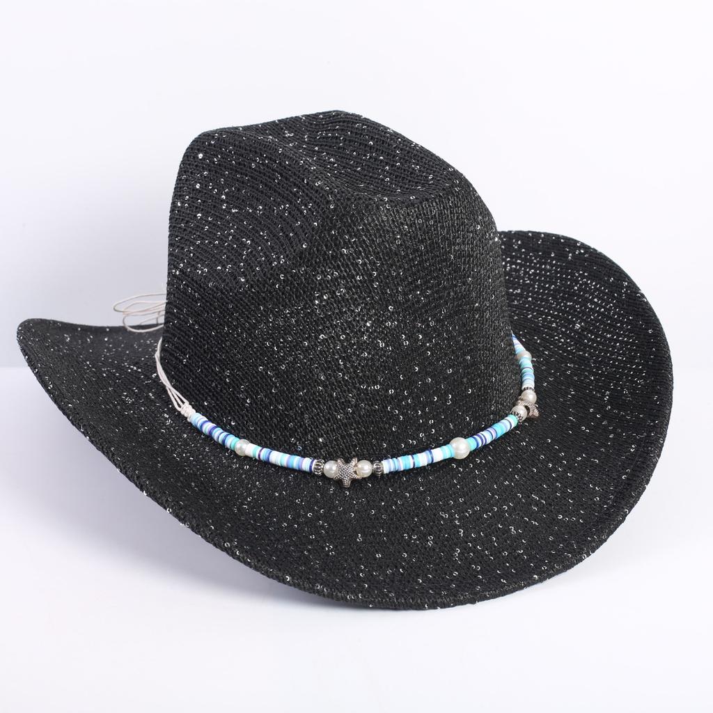Popular European and American classic western denim straw hat, men's and women's fashion outdoor sunscreen sequined straw hat