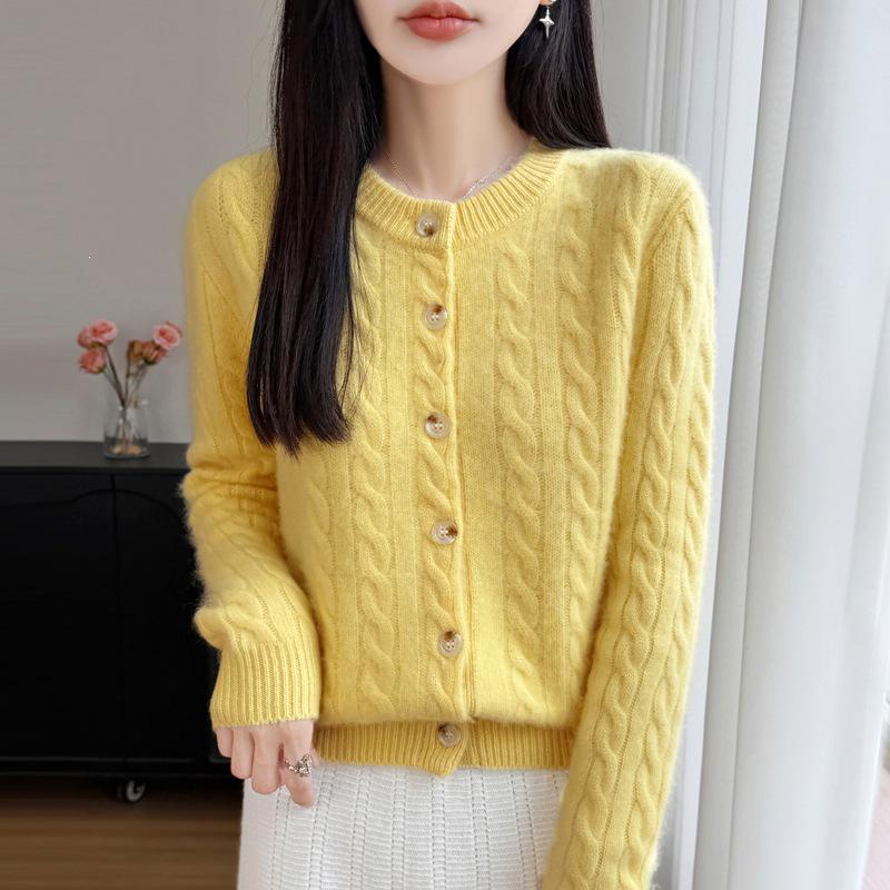 2026 A/W Women's Pure Wool Cable Knit Round Neck Cardigan Sweater - Long Sleeve, Seven-Stitch, Thickened Knit