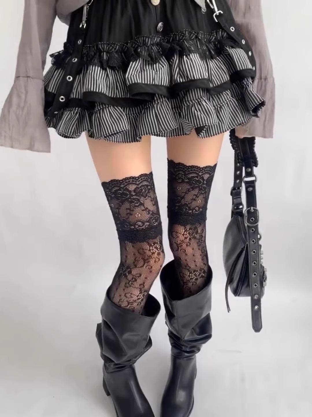 

Lace Trim Mesh Breathable Over Knee Stockings Y2K Women Sexy Lace Floral Fishnet Stockings Costumes JK Lolita Thigh High Socks One Size чёрный