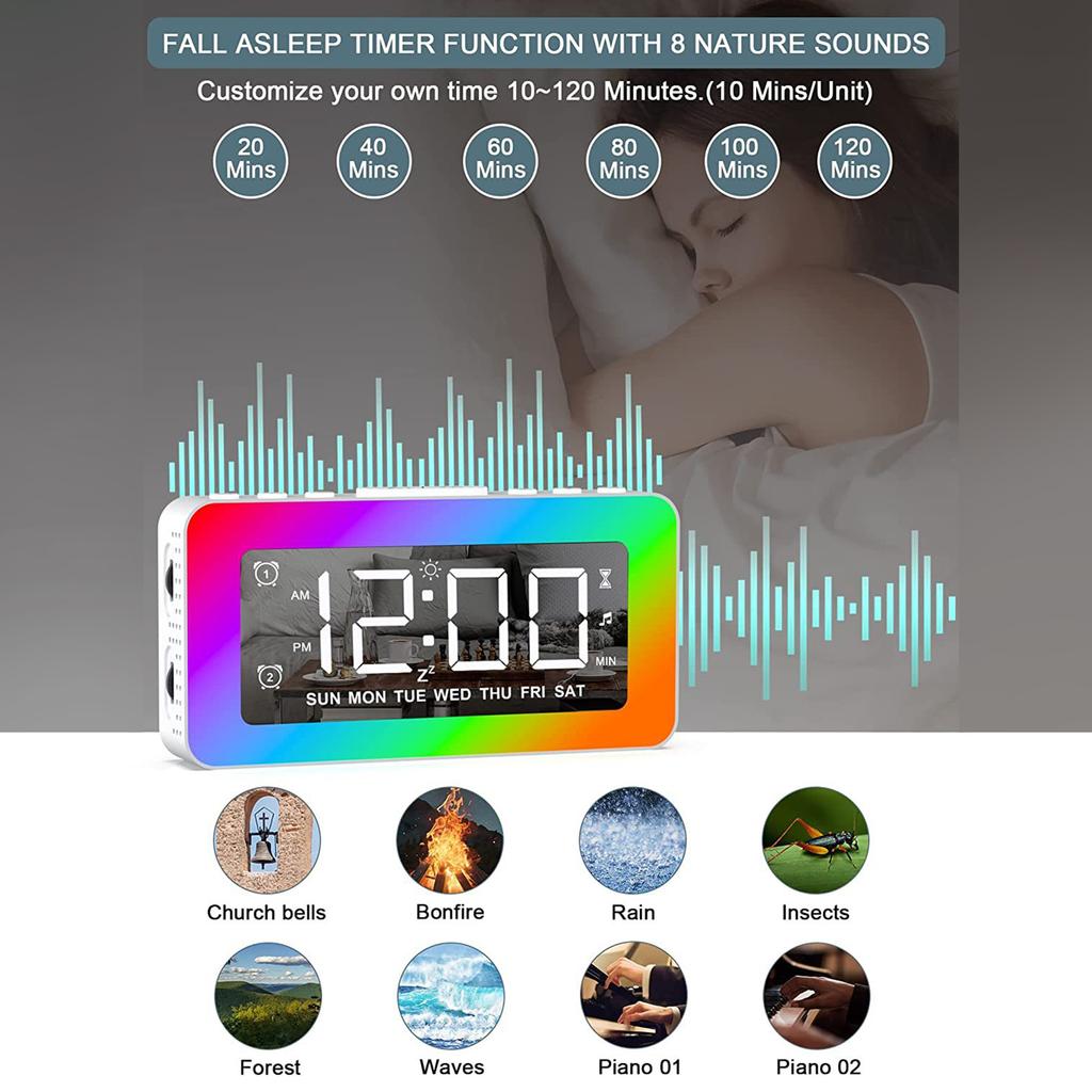 Digital Alarm Clock LED Desktop Clock Large Display USB Powered 8 LED RGB Night Light Electronic Clock for Bedroom