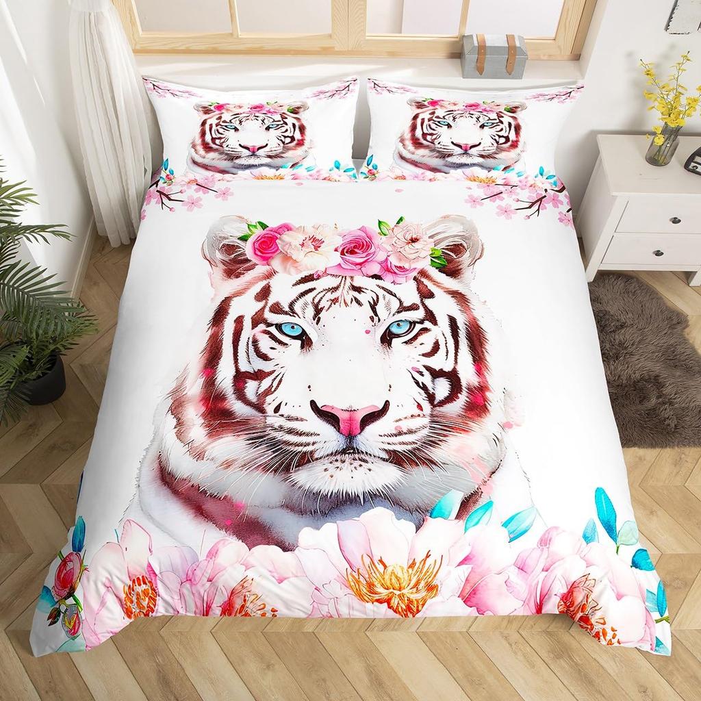 Comforter Tiger And Flowers S For Teens Queen Lightweight S Woodland Wildlife Romantic Bedding Set Bedroom Decor